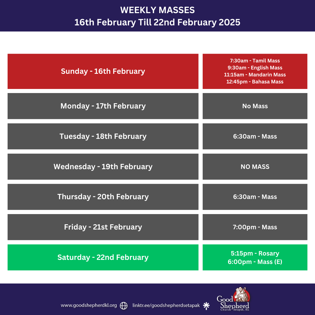 WEEKLY MASSES 16th February Till 22nd February 2025