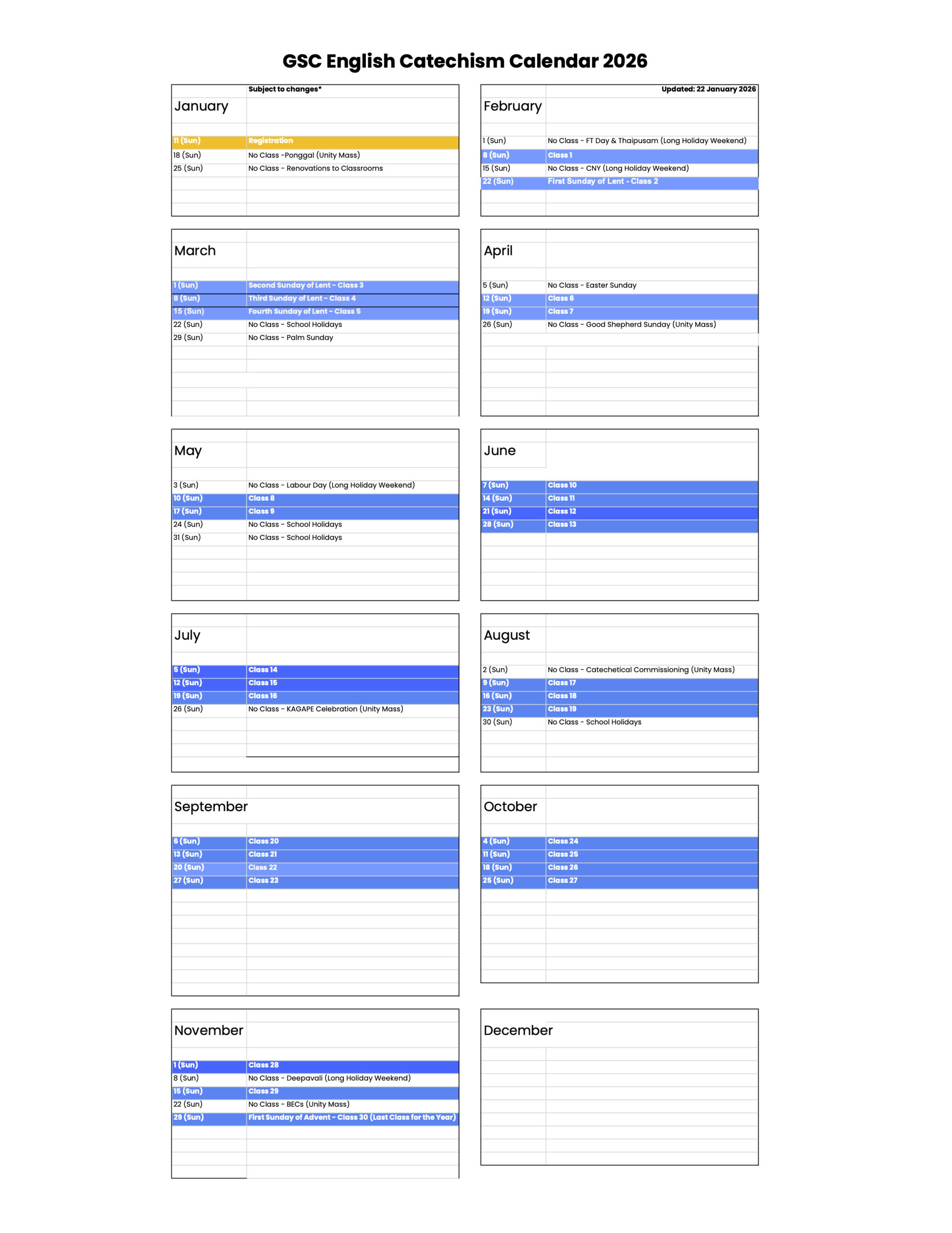 GSC English Catechism Calendar 2026 - For Parents